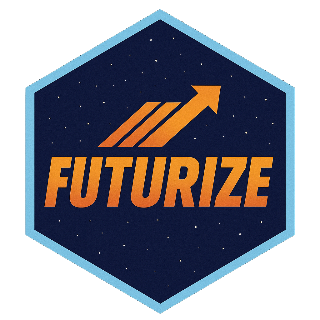 Hexagon-shaped logo with a light blue border, dark blue starry background, and the word 'FUTURIZE' in bold orange gradient letters beneath an upward-pointing arrow symbol.
