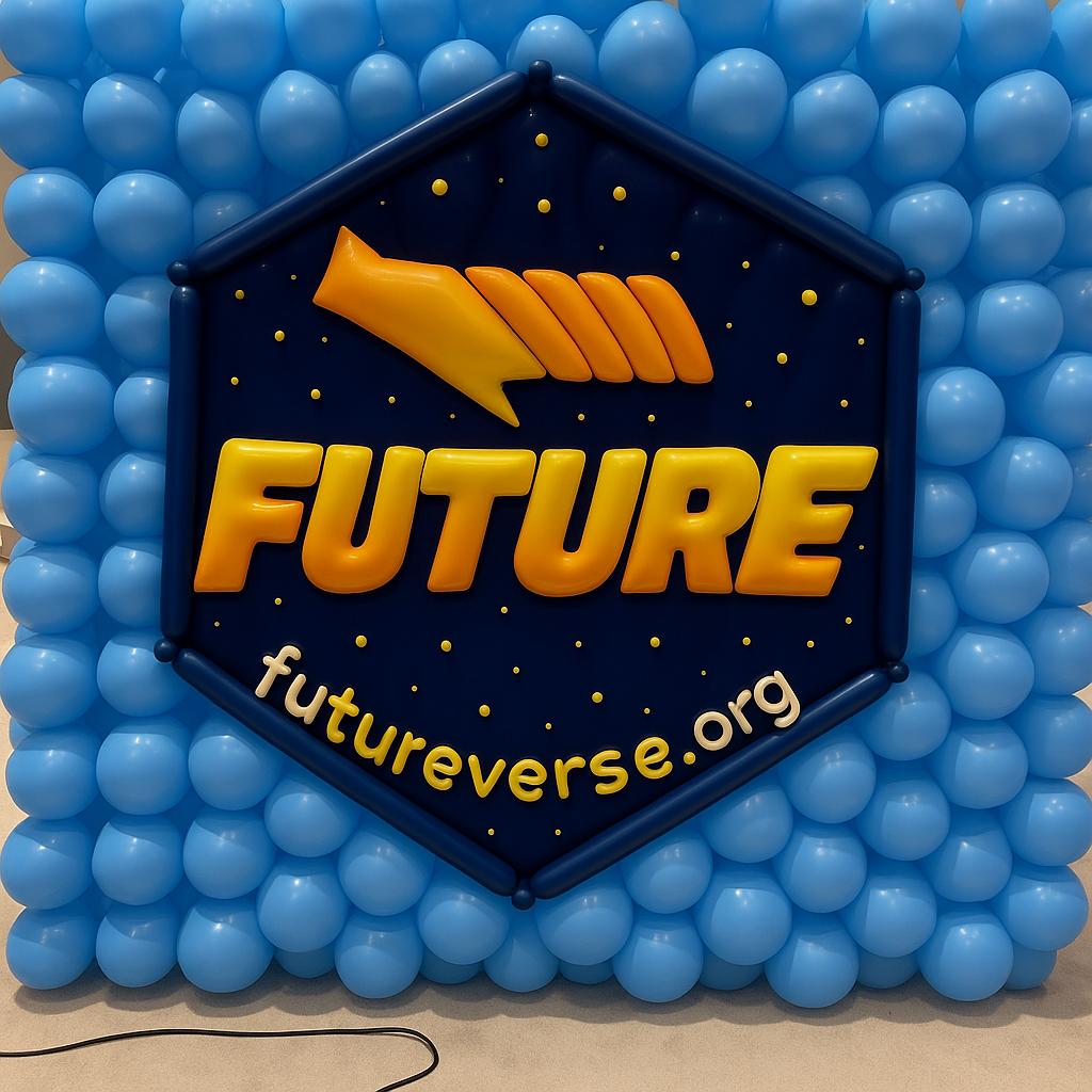 Hexagon-shaped sign with the word 'FUTURE' in bold orange letters and the URL futureverse.org below, surrounded by a background of blue balloons.