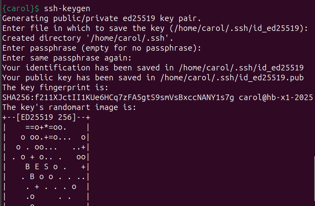 Terminal screenshot showing ssh-keygen generating a new ed25519 SSH key pair for user carol, including prompts for file location and passphrase, and displaying the key fingerprint and randomart image.
