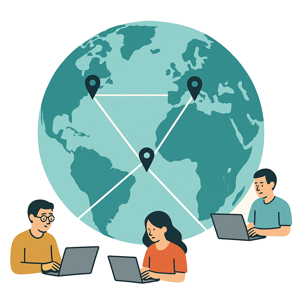 Illustration of three people working on laptops, positioned below a large globe with location markers connected by lines, representing global online collaboration.